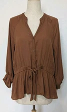 Calligraphie Rust Copper Button Front Peasant Blouse Size L Drawstring Waist