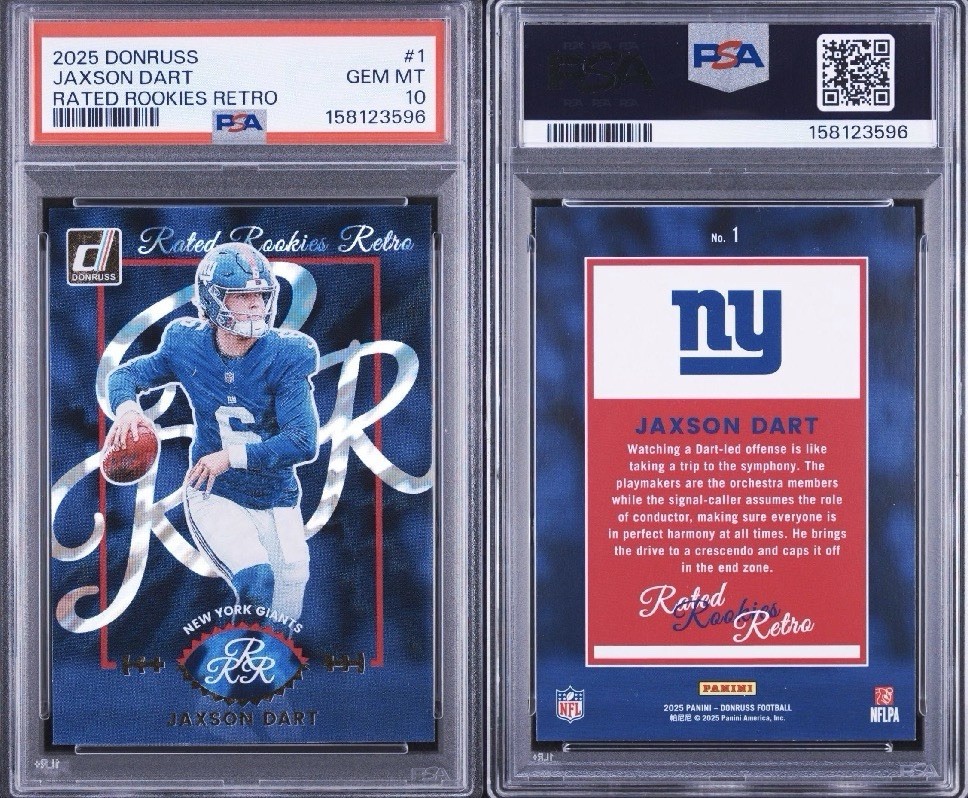 2025 Donruss Rated Rookie Retro Jackson Dart PSA 10 Gem Mint – New York Giants view 3