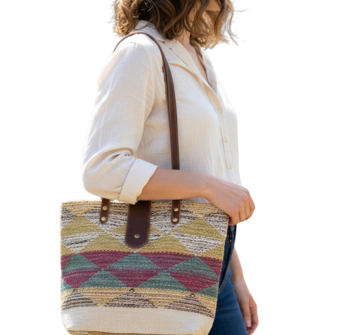 Myra Rug Purse Tapestry Carpet Woven Canvas Hairon Leather Tote Shoulder Bag Boh