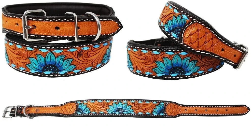 Padded Leather Dog Collar With Turquoise Sun Flower Tooled Design Pet Collar F/S
Opens in a new wind