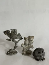 3 Vintage Pewter Owl Mini Figurines Various Lot 1”-2.5”