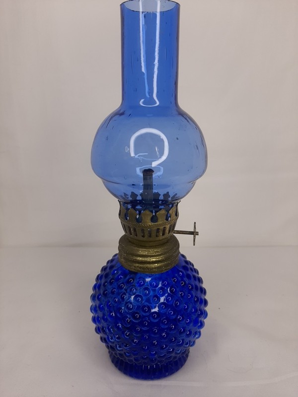 Vintage Miniature Cobalt Blue Hobnail Glass Oil Lamp 8”