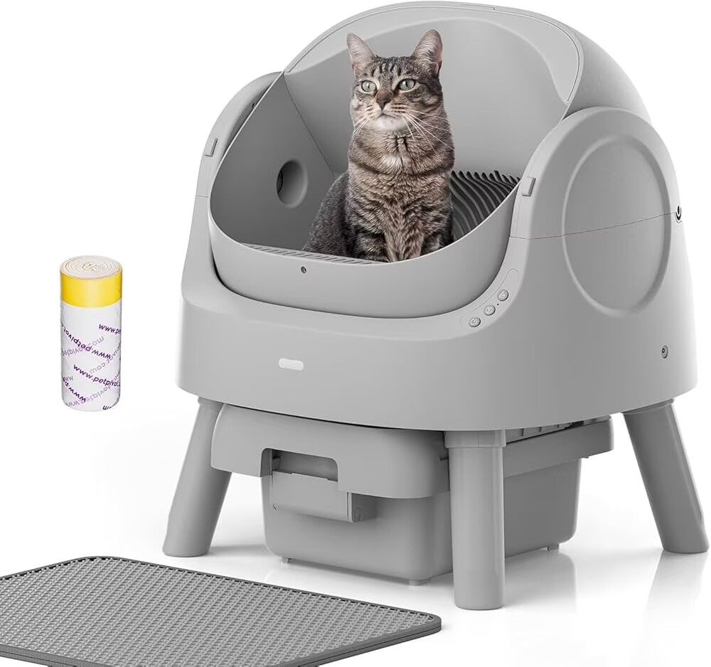 Automatic self-cleaning cat litter box with Cat litter mat and trash bags, gray