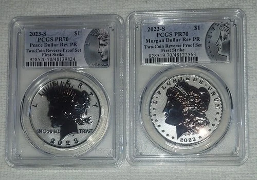 2023 S PCGS PR70 Reverse Proof Morgan Peace Dollar Set First Strike