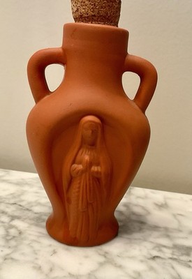 Virgin Mary Holy Water Bottle Font Vessel Terra Cotta Cork Blessed Mother Clay