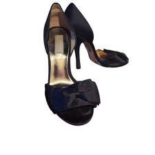 BADGLEY MISCHKA Black Satin-Peep Toe Bow 4   Stillettos-Leather Sole-7M