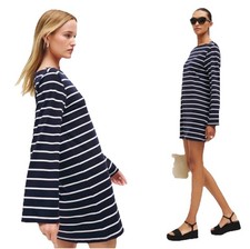 Reformation Junia Knit Dress Size M Navy Blue White Stripe Tencel Shirt Dress