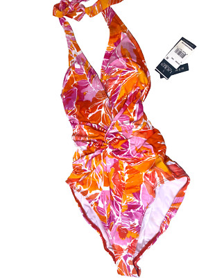 RALPH LAUREN Lush Tropical Plunge Halter Tummy Control Swimsuit 6 Orange 