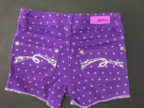 NWOT JUSTICE GIRLS PURPLE POLKA DOT SHORTS DENIM JEAN 6 REGULAR BLING BACK POCKE - Picture 2 of 2