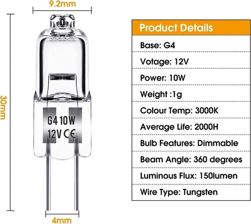 Lámpara halógena G4 5W 10W 20W lámpara base lápiz bombilla blanca cálida regulable 12V - Imagen 3 de 16