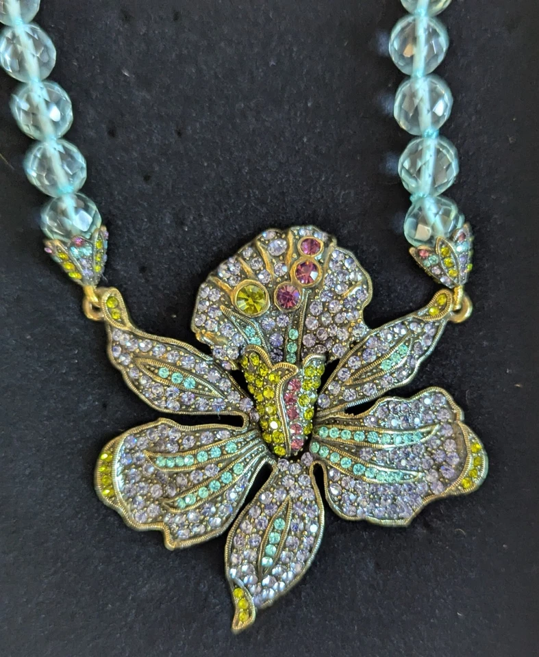 Nuevo Collar Heidi Daus Flor Orquídea Cuentas Azules Cristal Swavorski 15" Foto 2 de 4