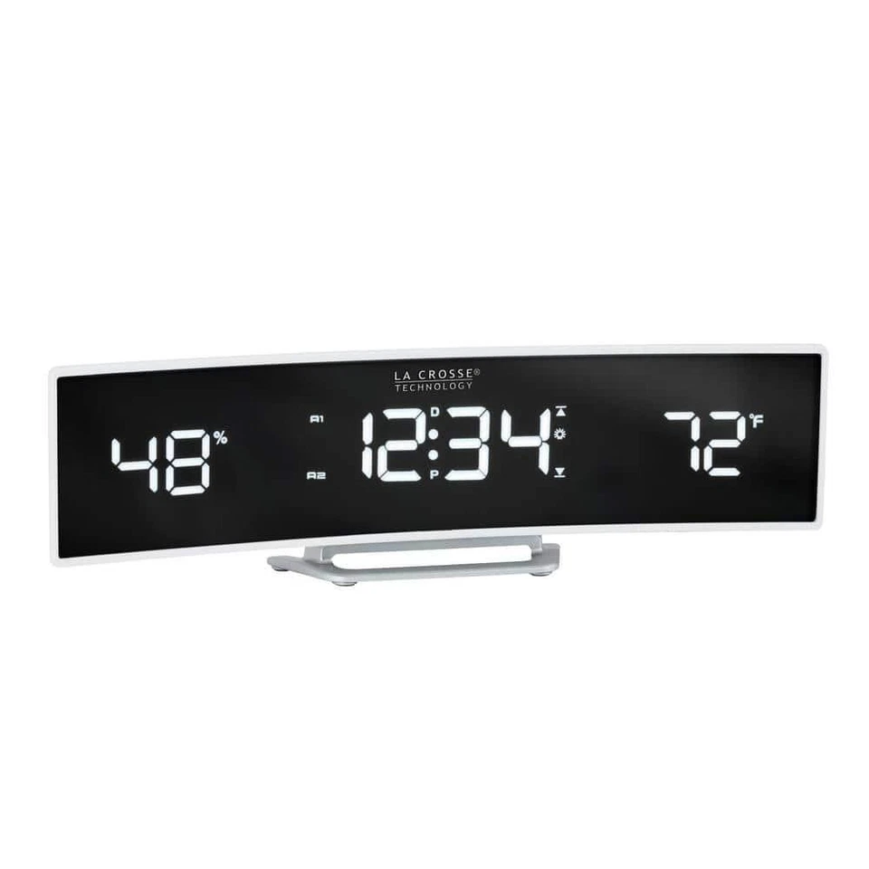 Alarm Clock White Curved Glass Screen Mirrored LED Lens Display USB Port Modern - Image 3 of 4
