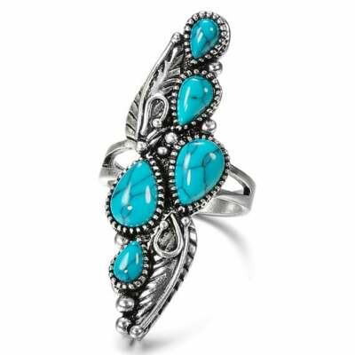 Boho 925 Sterling Silver Elegant Charms Vintage Turquoise Charms Ring Size 7