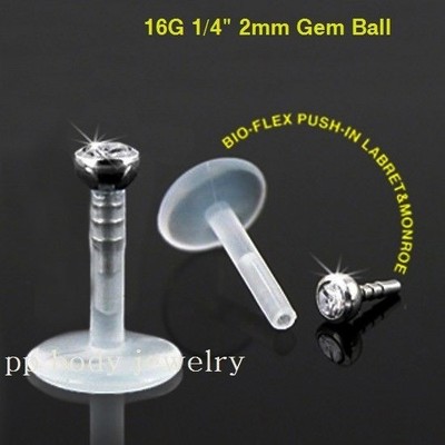 1x 16G 1/4" Bio-Flex Push-In 2mm Press Fit Gem Top Labret Monroe Tragus - Foto 10
