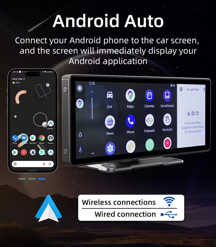 Autoradio Display Wireless 10.26" Pollici Portatile Apple CarPlay e Android Auto - Immagine 3 di 4