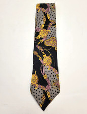 SERICA ELITE Neck Tie 100 SILK Black Gold Purple MEDALLION Laurel ITALY vtg 90s