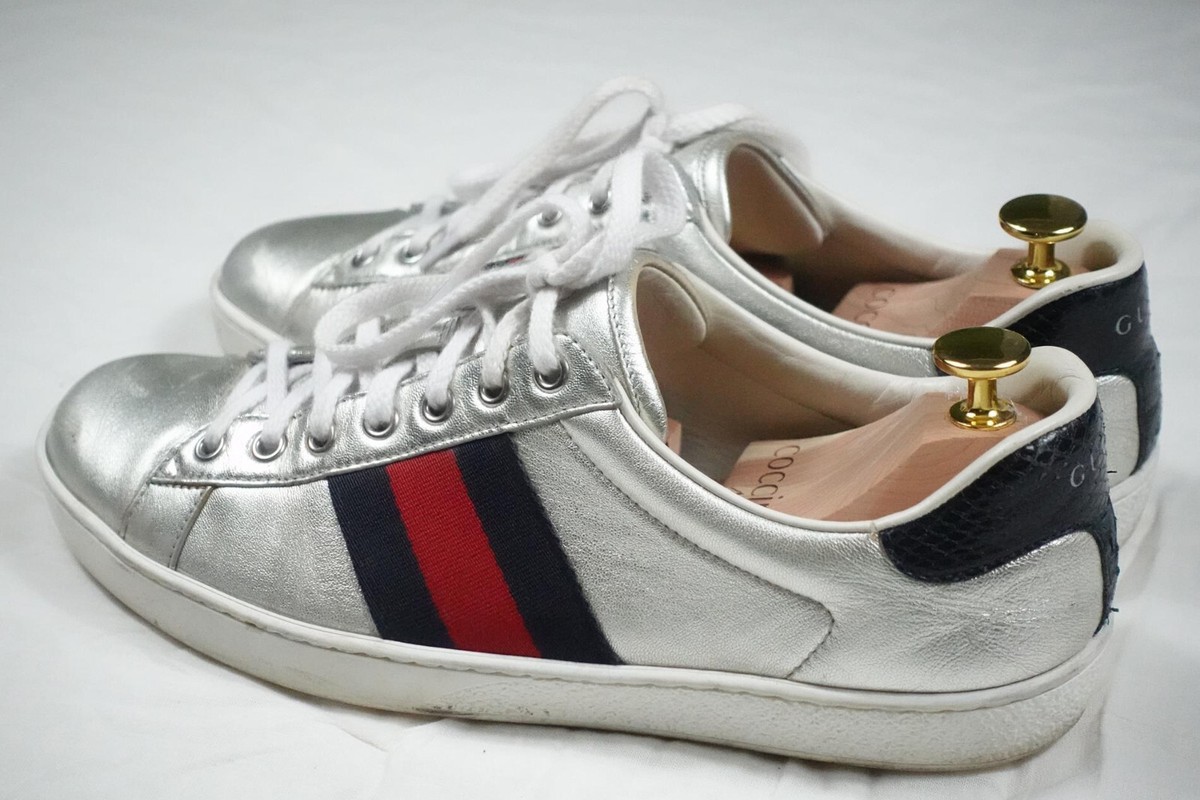 Gucci Ace Sneakers Silver Metallic Web Black Men's Leather 7