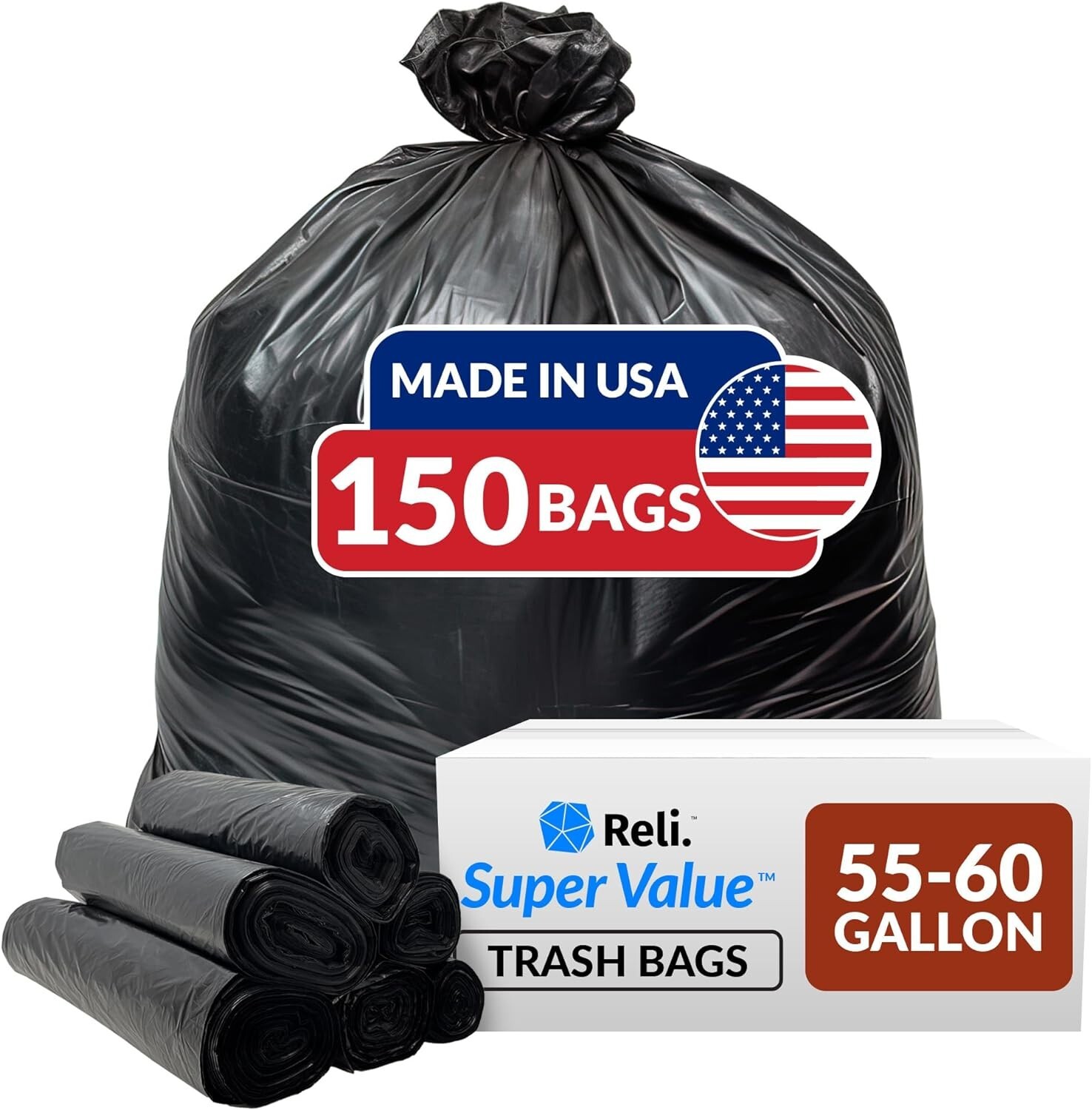 150 Heavy-Duty Black 55-60 Gallon Trash Bags - Tear-Resistant & Bulk Value