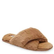 BP Mae Cross Strap Fuzzy Faux Fur Slippers Tan Size XL 11/12 Cozy Slip On NEW