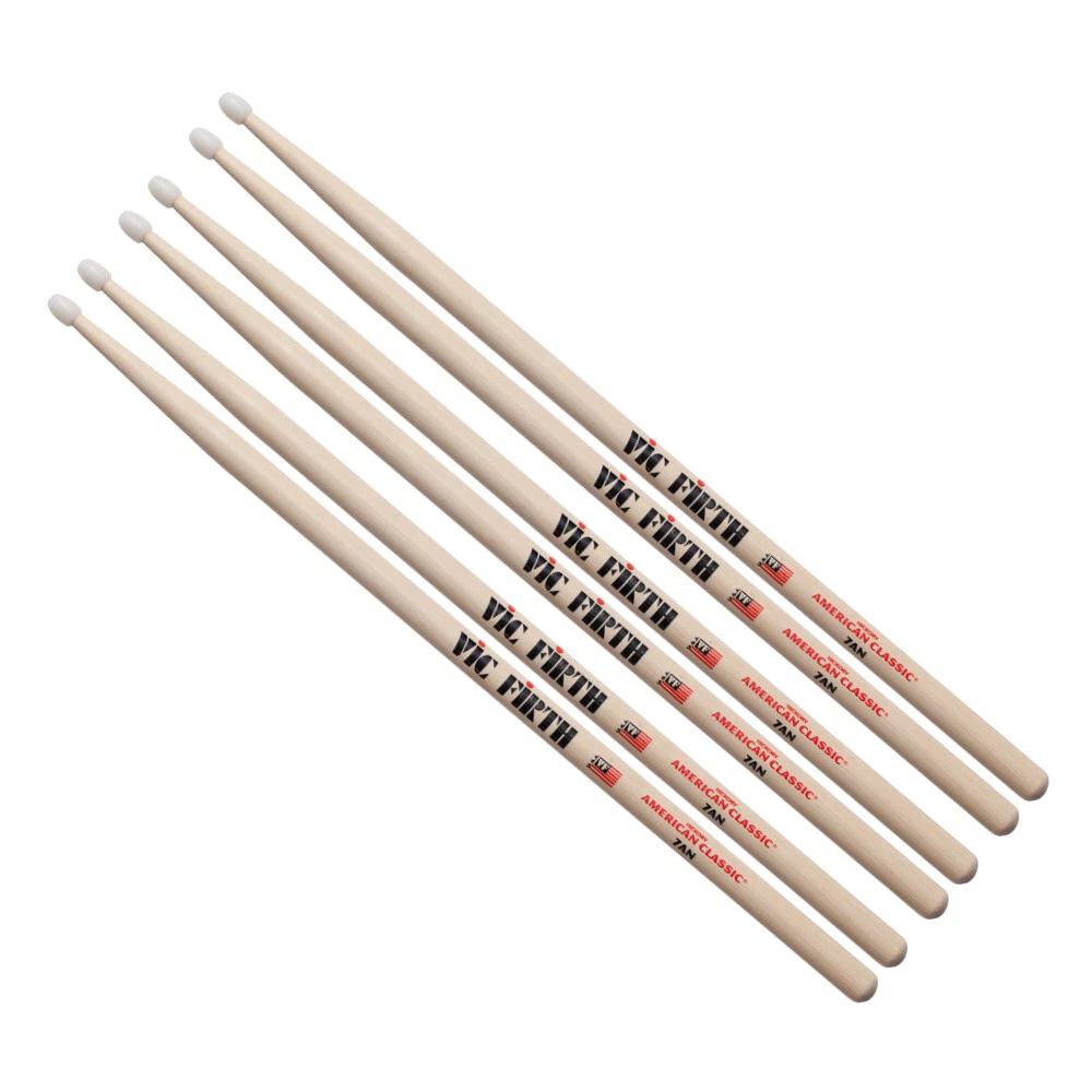 3 Pairs Vic Firth 7A Nylon Tip American Classic Hickory 7AN