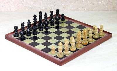 Stone Chess Board Game With Wooden Base Natural Stone Chess Pieces 12'' x 12''
