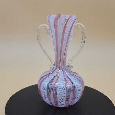 Vintage Murano Venetian Latticino Ribbon Petite Vase w/Handle Pink