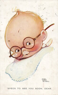MLA Mabel Lucie Attwell Vintage Postcard Specs to see you Soon Dear Series 954
