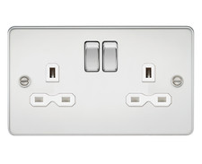 Image of Flat plate 13A 2G DP switched socket - polished chrome with white insert