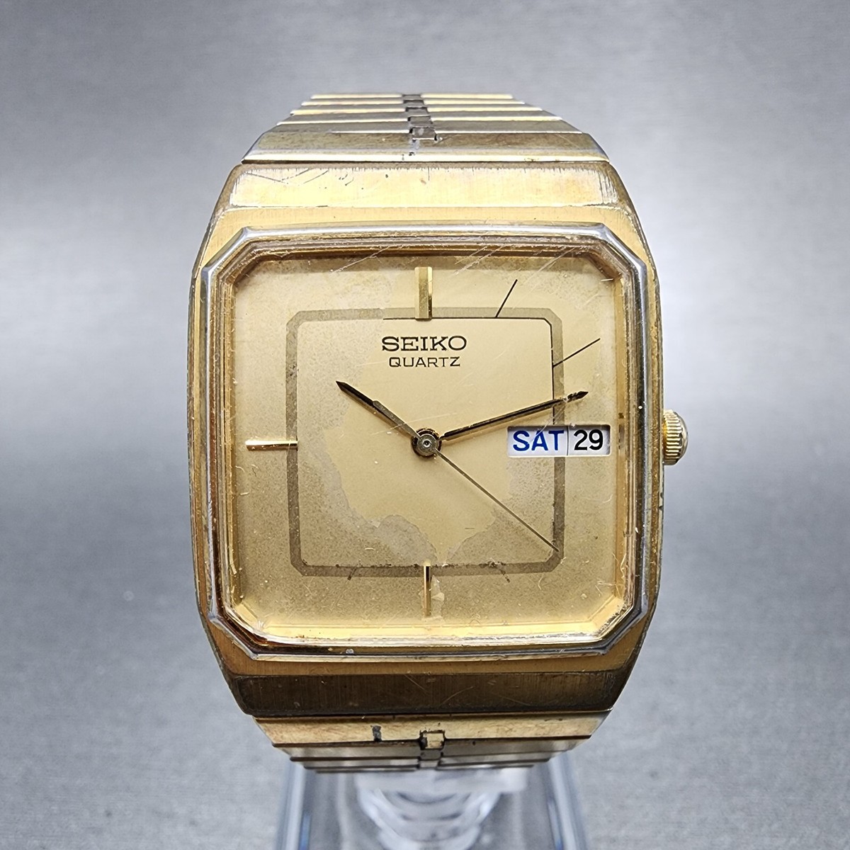 VTG Seiko Watch Men 29mm Gold Dial Gold Tone Daydate Octagon