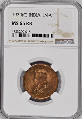 1929 C India 1/4 Anna 1/4A NGC MS65 RB British India Calcutta KM#512 Gem BU UNC