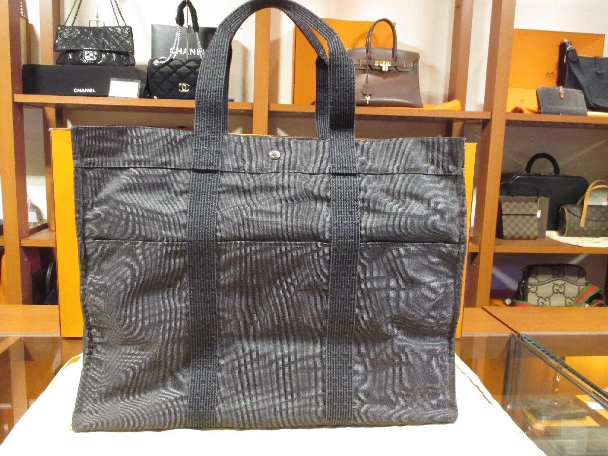 HERMES Authentic Herline Bag Gray Canvas Tout Tote Bag 