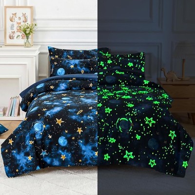 Kids Comforter Sets Twin Size for Boys, Glow in The Dark Blue Starry Sky Space B