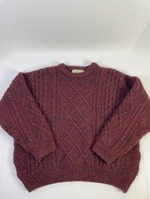 Blarney Woollen Mill Maroon Flecked Wool Aran Fisherman Cable Knit Sweater S W L