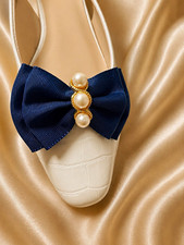 Vintage Women Navy Fabric Faux Pearl Bow Shoe Clips Pair Elegant Preppy
