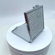 Classic Silver-Tone Rhinestones Embellished Square Compact Pocket Makeup Mirror