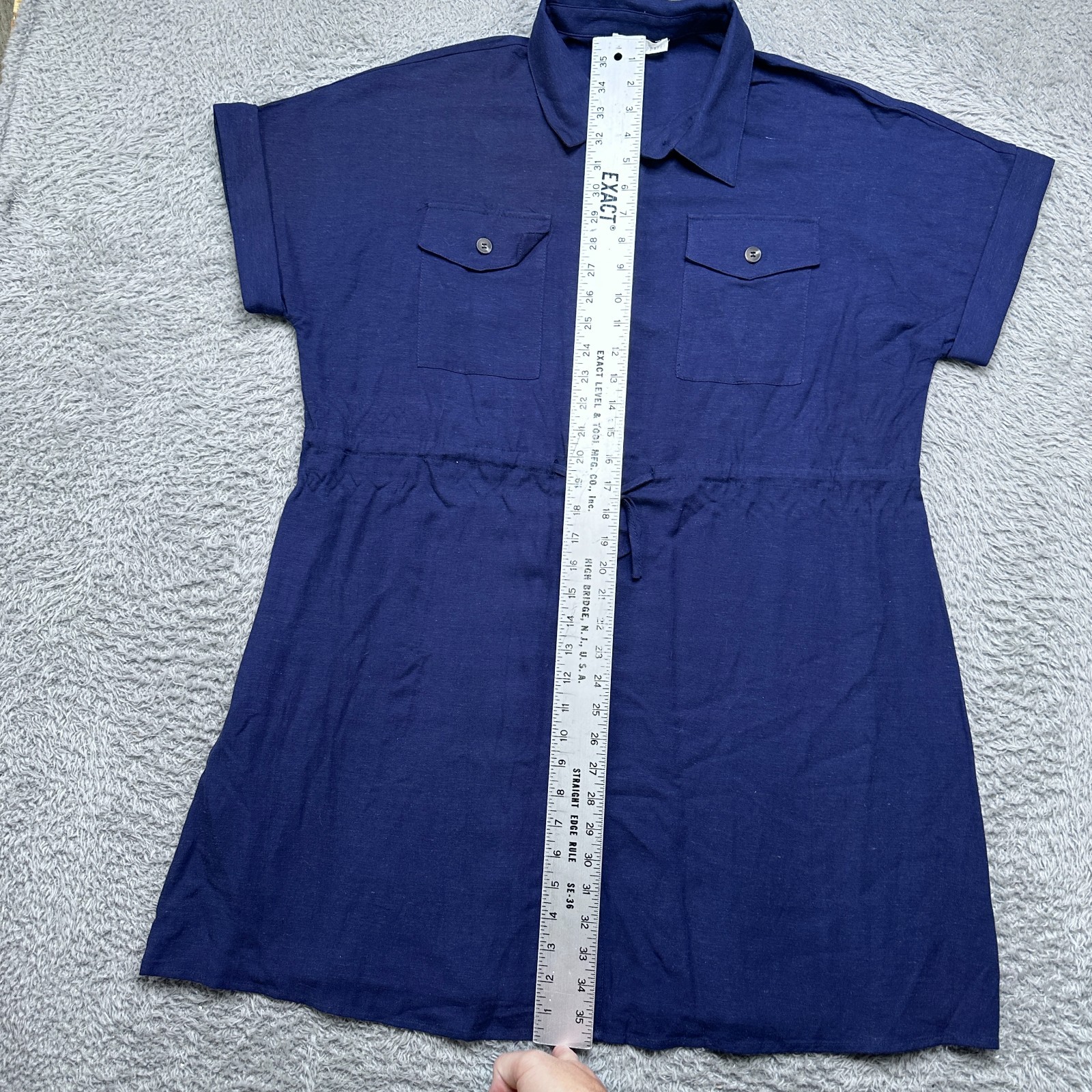 100% Linen Dress Womens L Blue Drawstring Button Front Shirt FSL Apparel image 10