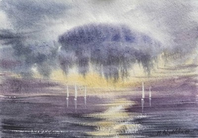 BIDR CLOUDY SKY BOATS SEA Original Art Modern Painting Landscape Seascape Sig A5
