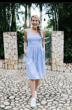 Draper James Linen Blend Blue  White Striped Midi Pocket Dress Size 8
