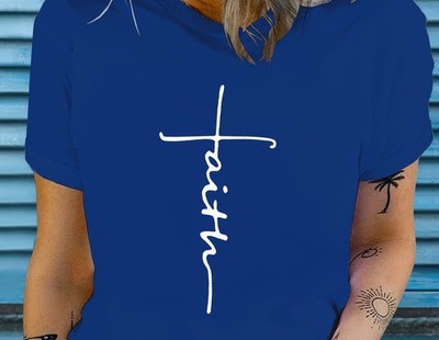 ''Faith''  BLUE Women's  Short Sleeve Crew Neck T-Shirt - SIZE Med/Lrg 8/10