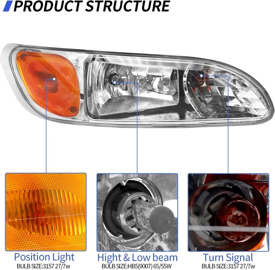 Pair Headlights for Peterbilt 387 325 330 335 337 340 Headlamp w/ Bulbs Chrome Foto 3 de 4