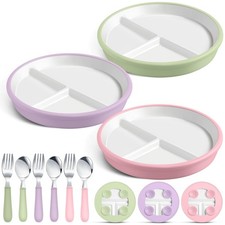 KIDS PLATES with Anti Slip Silicone Sleeve Spoons Forks 8 Inch 3 Pack TEENYYOU