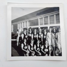Vintage 1960s Black & White Photo School Girls Sports Team Bus Uniforms