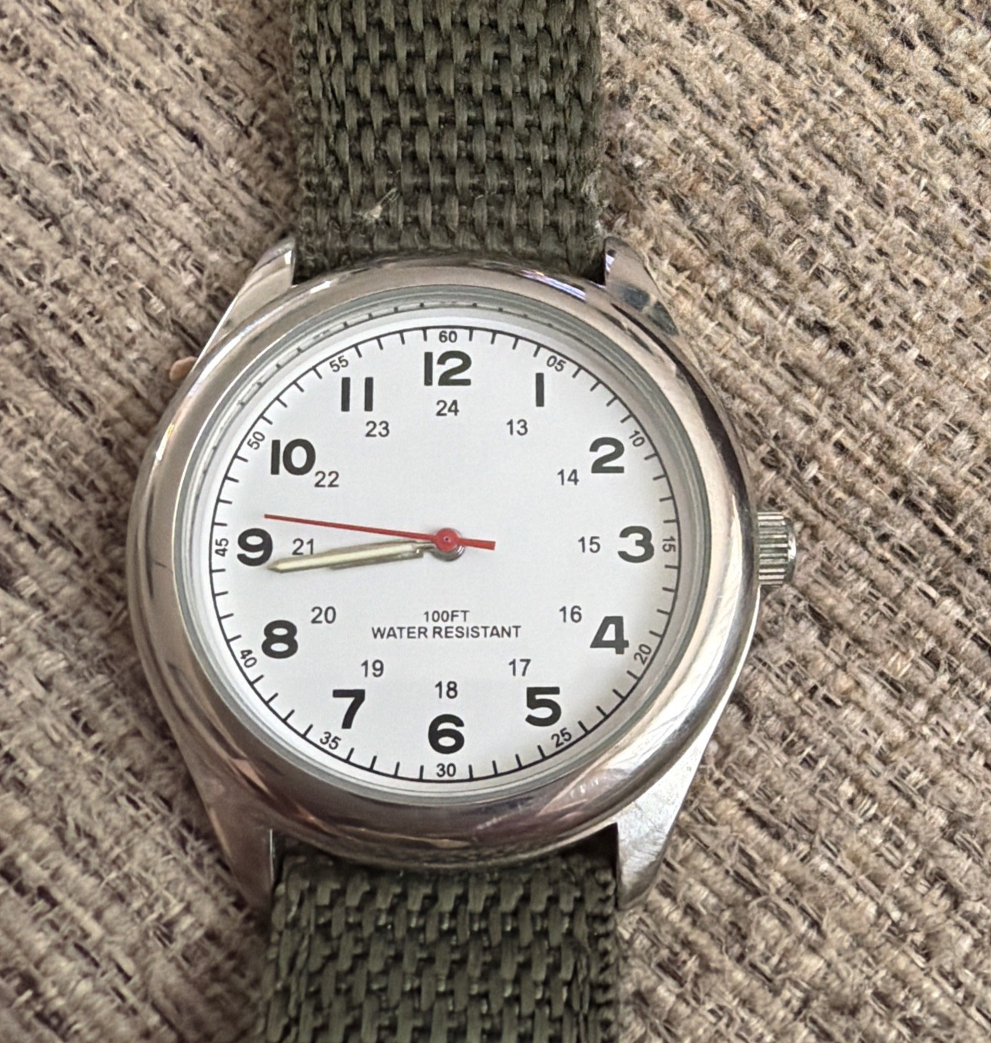 VTG FMD Japan Quartz Watch Men 30m Silver Canvas Military Dial Analog ...