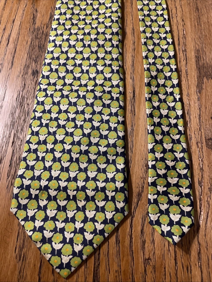 Corbata de satén de seda floral pequeña Banana Republic usada en excelente estado hecha en Italia verde azul marino Foto 4 de 4
