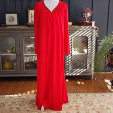 Shadowline Red Nylon Robe Embroidered Roses Full Length Medium - FLAW