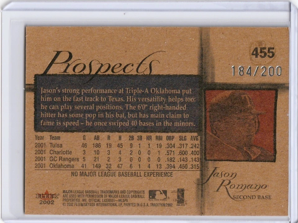 2002 Fleer Tradition Glossy /200 Jason Romano #455 - Image 2 of 2