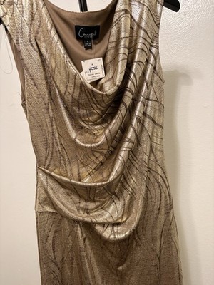 Connected Apparel Gold Abstract Evening Dress Long Cowl Neck Sleeveless Size 4