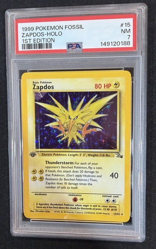 1999 Pokemon Fossil 1st Edition Zapdos 15/62 Fossil Holo PSA 7