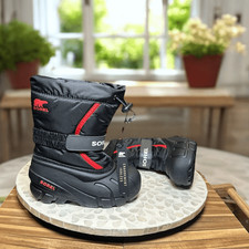 Sorel Kids Flurry Insulated Winter Snow Boots Black Red Size 10 US 27 EU Water