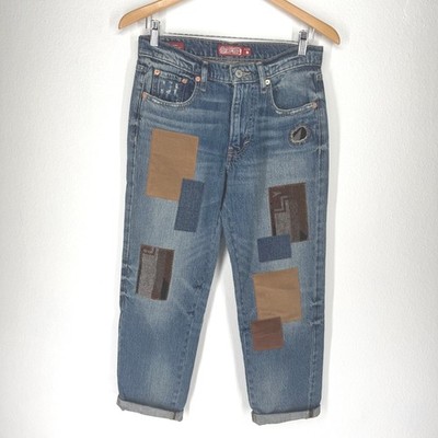 Lucky Brand Patchwork Mid Rise Baggy Straight Jeans Size 0 Boho Granola Grunge